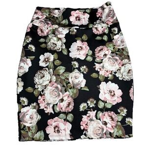 Silhouette NYC Women's Size 1X Midi Skirt Black Pink Floral Print PullOn Stretch